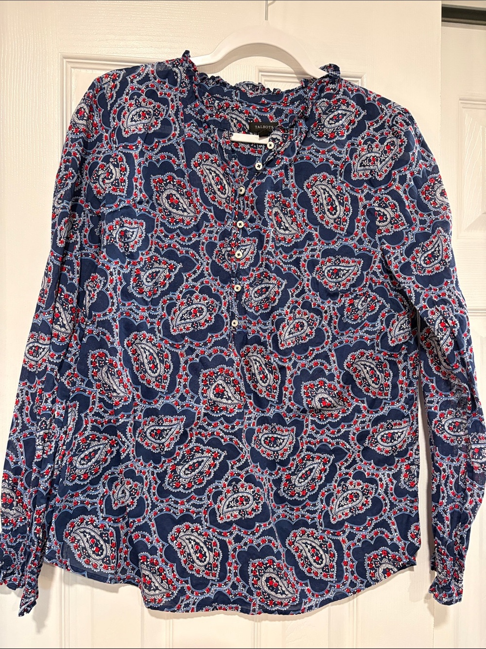 Talbots Navy Paisley Henley Blouse with Red and White Accents